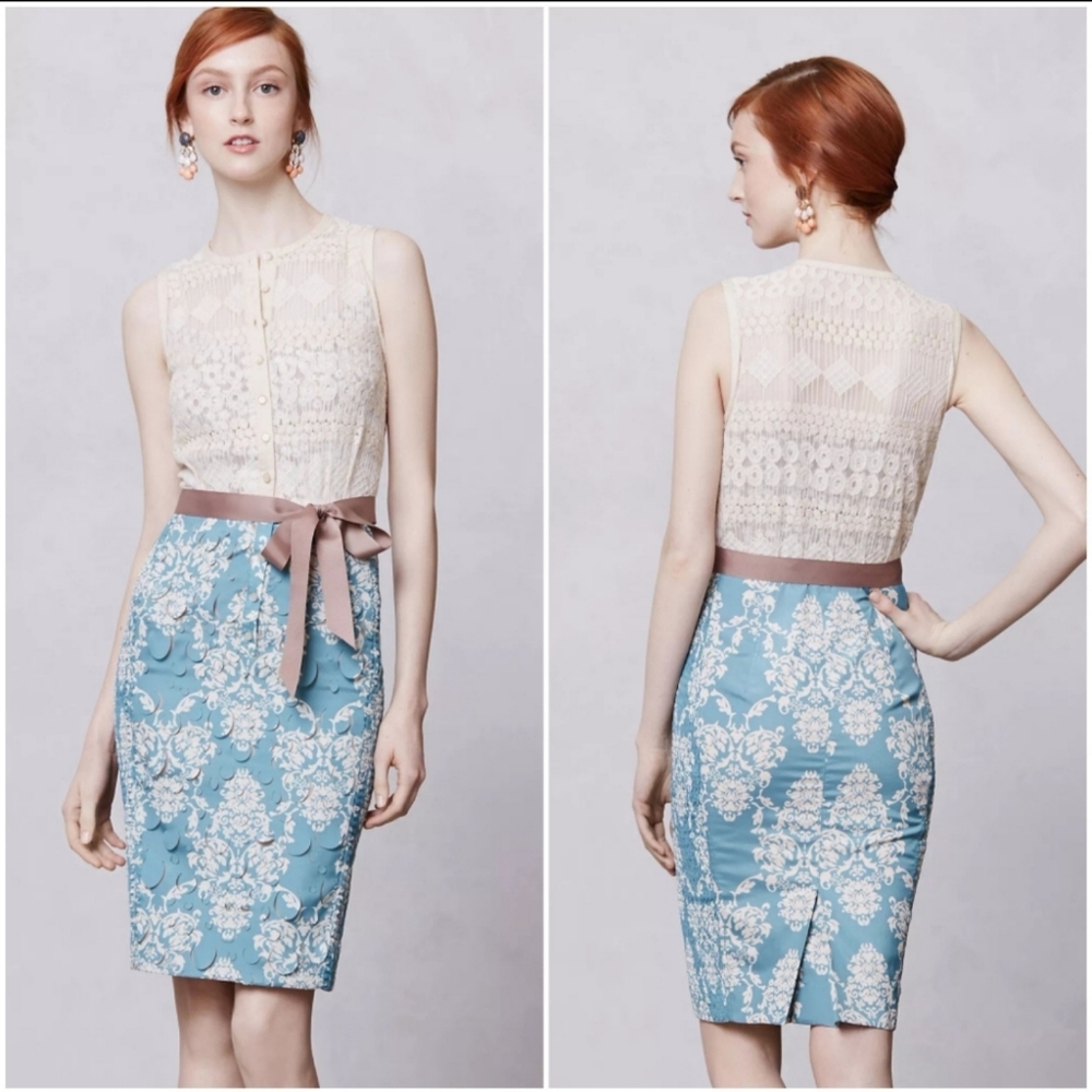 Anthropologie Byron Lars Cream Lace Top & Blue Damask Pencil Dress